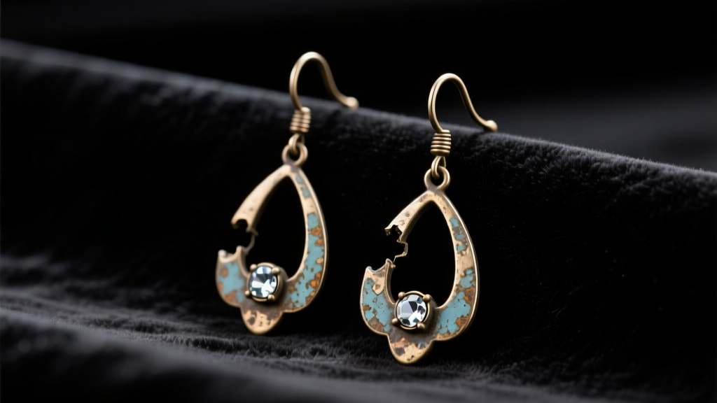 Tarnished 1920s pot metal drop earrings with missing rhinestones resting on dark velvet under moody studio lighting.