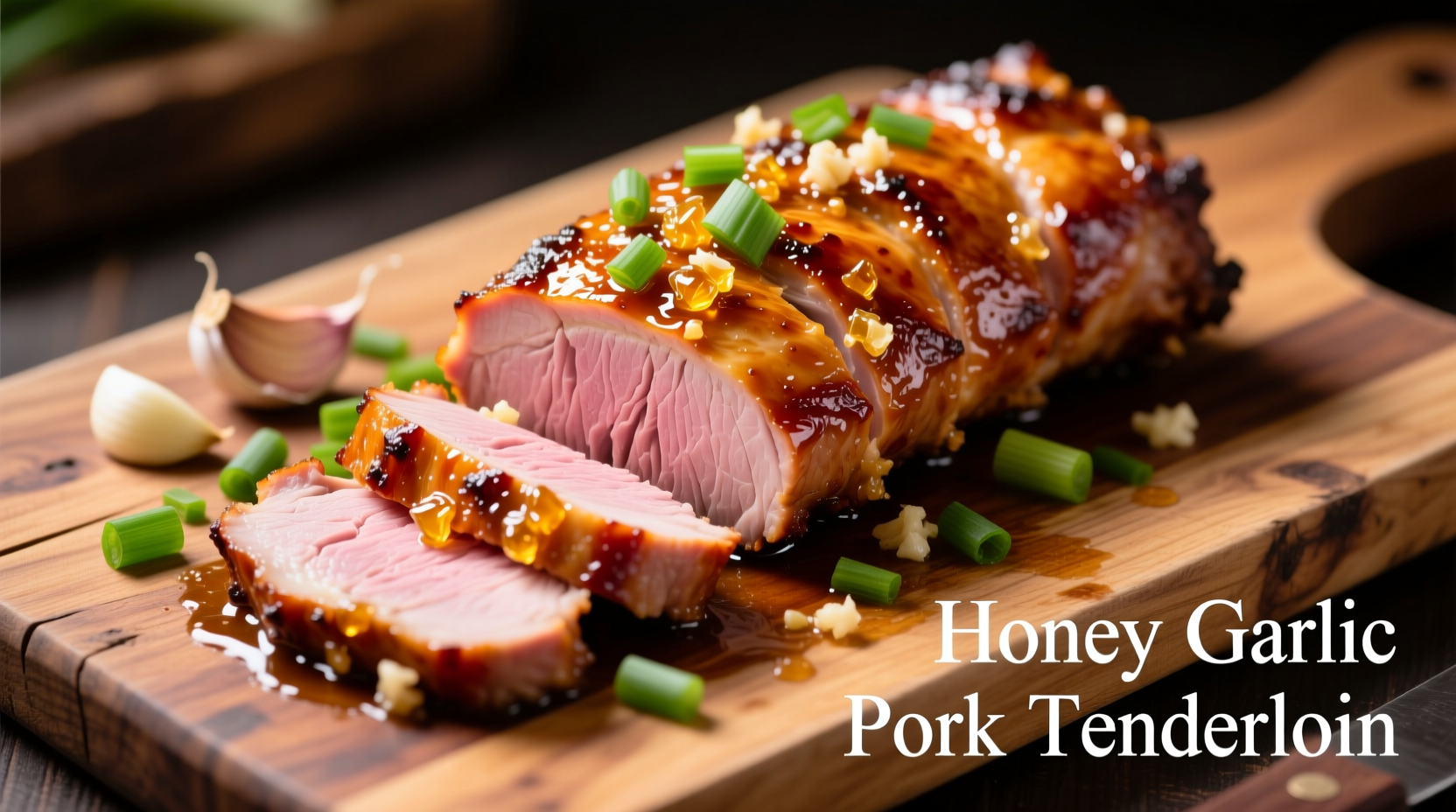 Honey garlic pork tenderloin on wooden cutting board