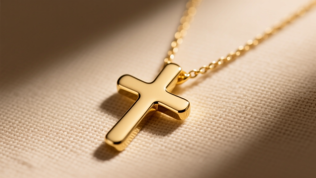 Close-up of a polished 14k yellow gold round cross necklace on beige linen, soft light highlighting smooth edges.