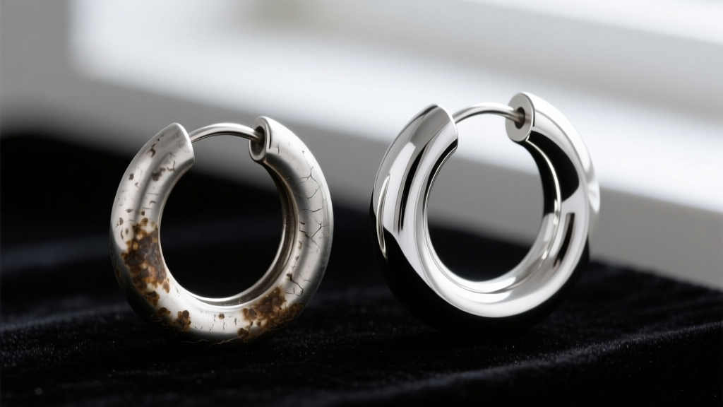 Close-up of a tarnished un-plated silver hoop next to a bright rhodium-plated sterling silver hoop earring resting on dark velvet
