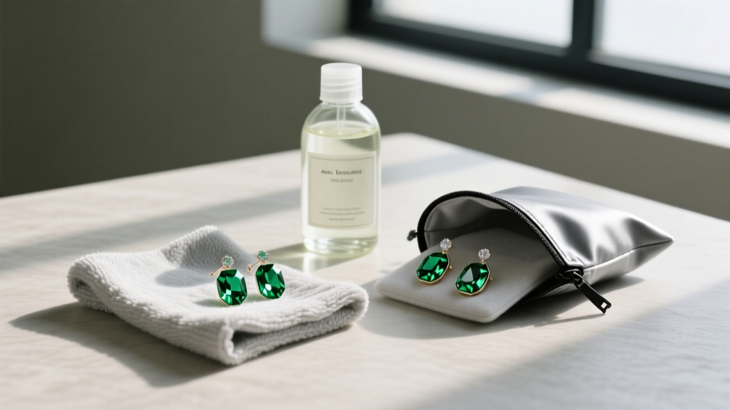 Flat lay of cleaning supplies with a microfiber cloth, mild soap, and an anti-tarnish storage bag for green crystal fashion earrings