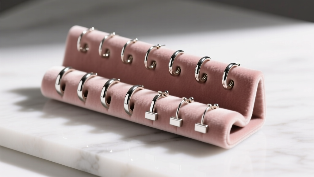 Blush velvet small earring holder with precision slits securely gripping 16-gauge titanium seamless hoops and silver ear cuffs.