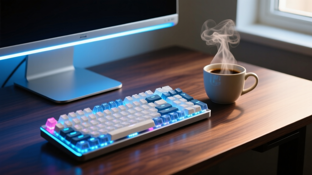 Close-up of a smart LED monitor light bar illuminating a mechanical keyboard and a steaming cup of coffee on a dark walnut desk.