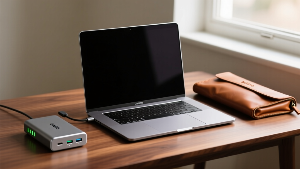 Space gray MacBook Pro 16-inch surrounded by a CalDigit TS4 dock, Anker USB-C hub, and leather Bellroy sleeve on a walnut desk