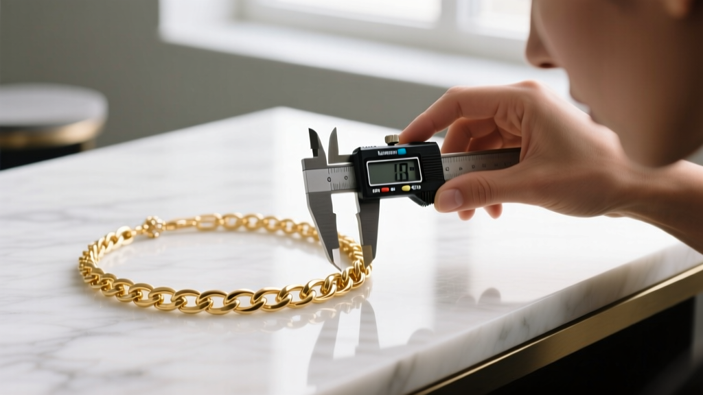Close-up of a jeweler using a digital caliper to measure the chain gauge of a luxury fashion gold-plated necklace on a workbench.