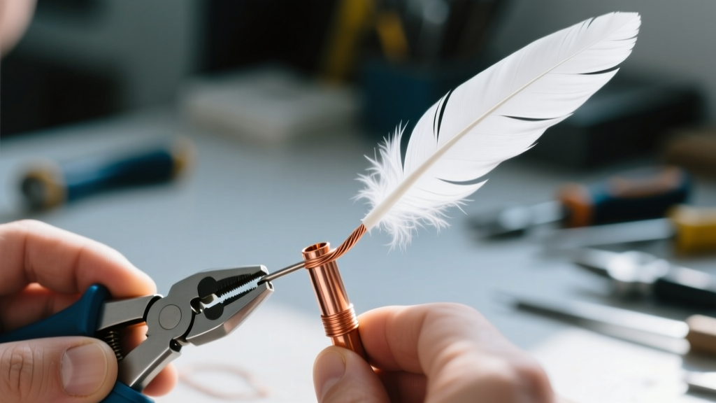 Close-up of hands using a micro-crimper to secure a 2mm copper crimp tube over 20-gauge niobium wire and a white feather quill