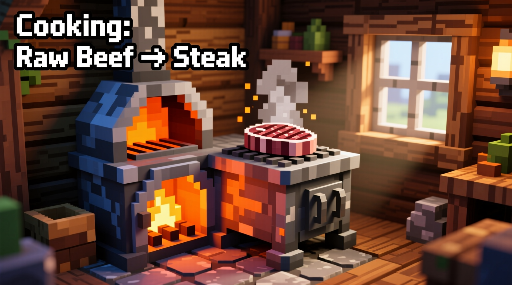 Minecraft furnace cooking raw beef into steak