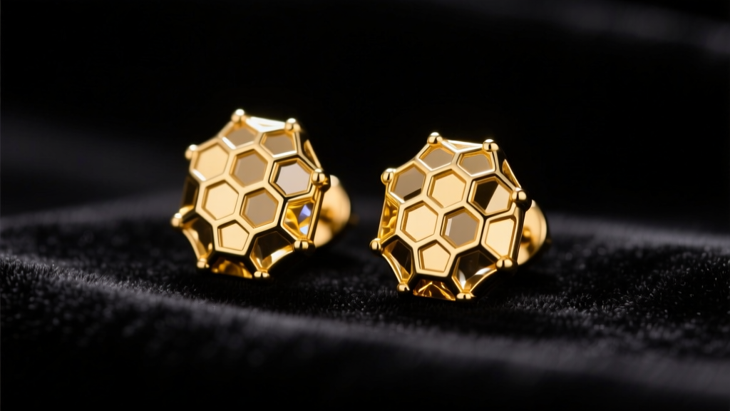 Close-up of 18k yellow gold honeycomb stud earrings on dark velvet, soft studio lighting highlighting geometric facets.