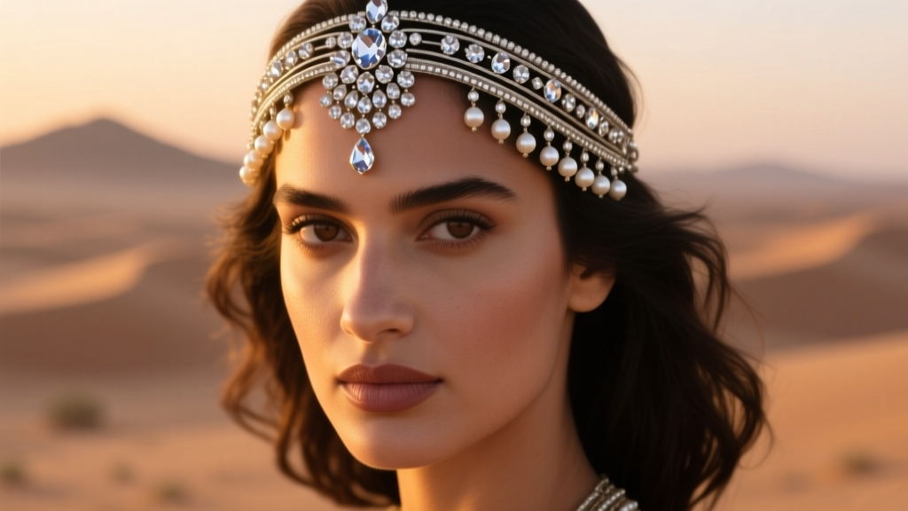 Model wearing a silver matha patti with pearl drops, golden hour light, cinematic portrait, sharp focus on detailed forehead gems