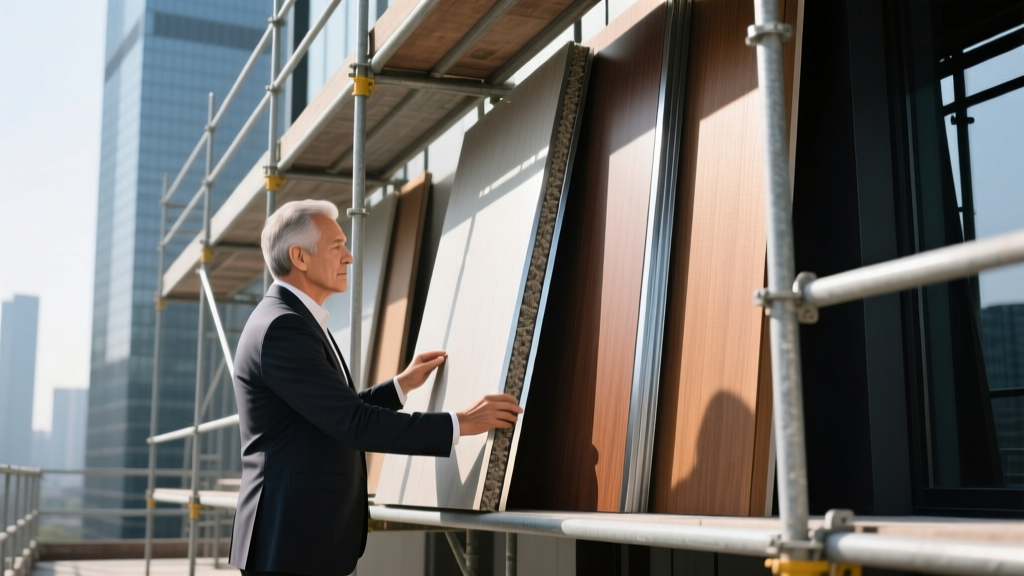 Architect reviewing large-format fire-rated composite cladding panels with a mineral core on a commercial building exterior scaffold