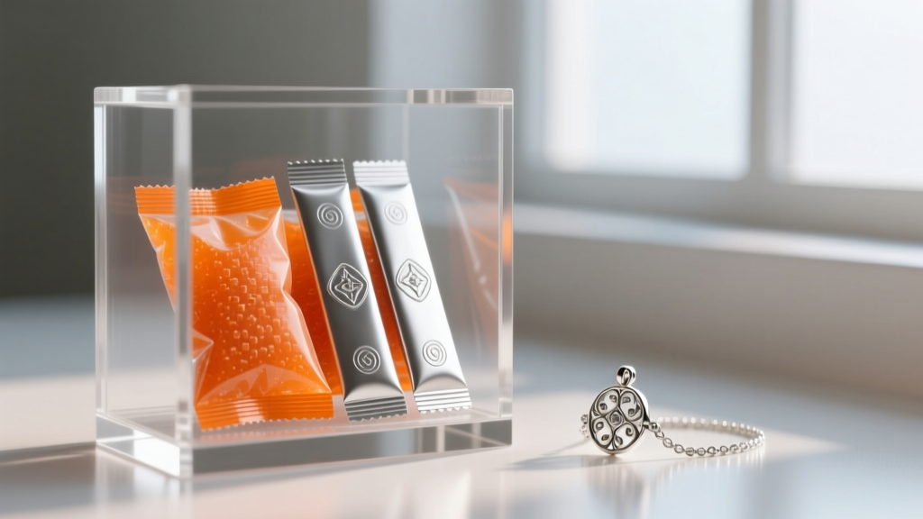 Close-up of orange silica gel packets and anti-tarnish strips inside an acrylic display case next to silver charm jewelry.