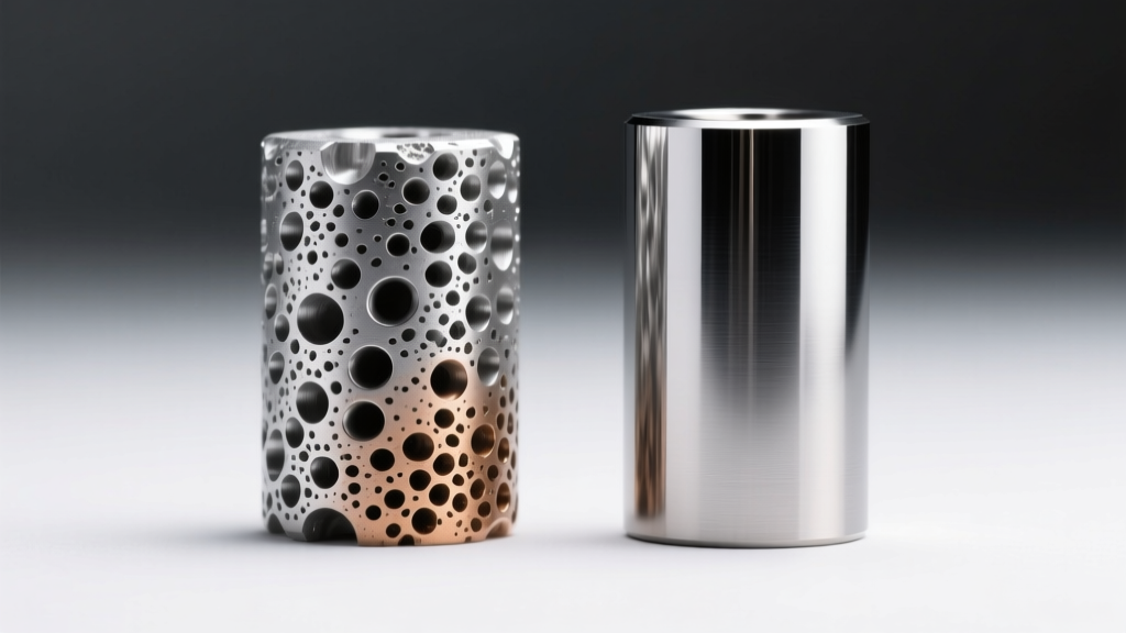 Macro of porous alloy post beside mirror-finish titanium post, bright studio lighting, sharp focus, detailed metal textures.