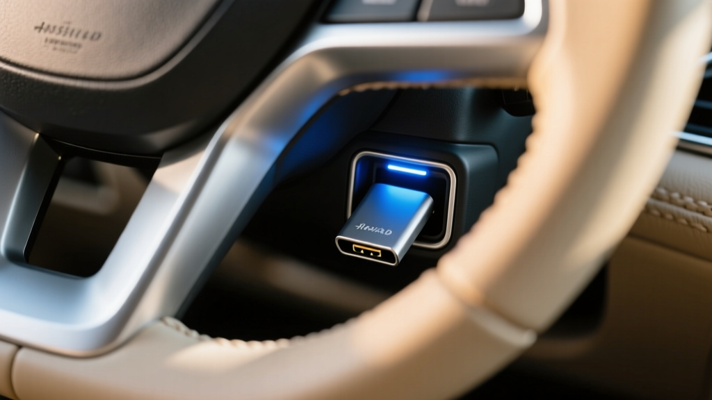 Close-up of an OBD-II port under a steering wheel with a flush-mounted micro-telemetry dongle blinking with a soft blue LED light.