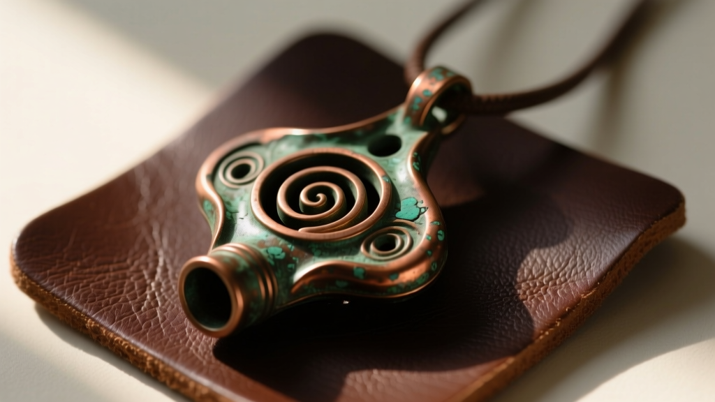 Weathered silicon bronze pendant resembling a mystical breathing apparatus on a leather jeweler's bench with calipers.