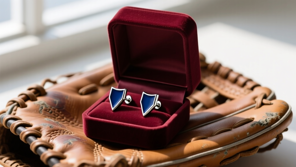 18-gauge titanium bat stud earrings with navy enamel accents resting in an open velvet box on a worn leather baseball glove.