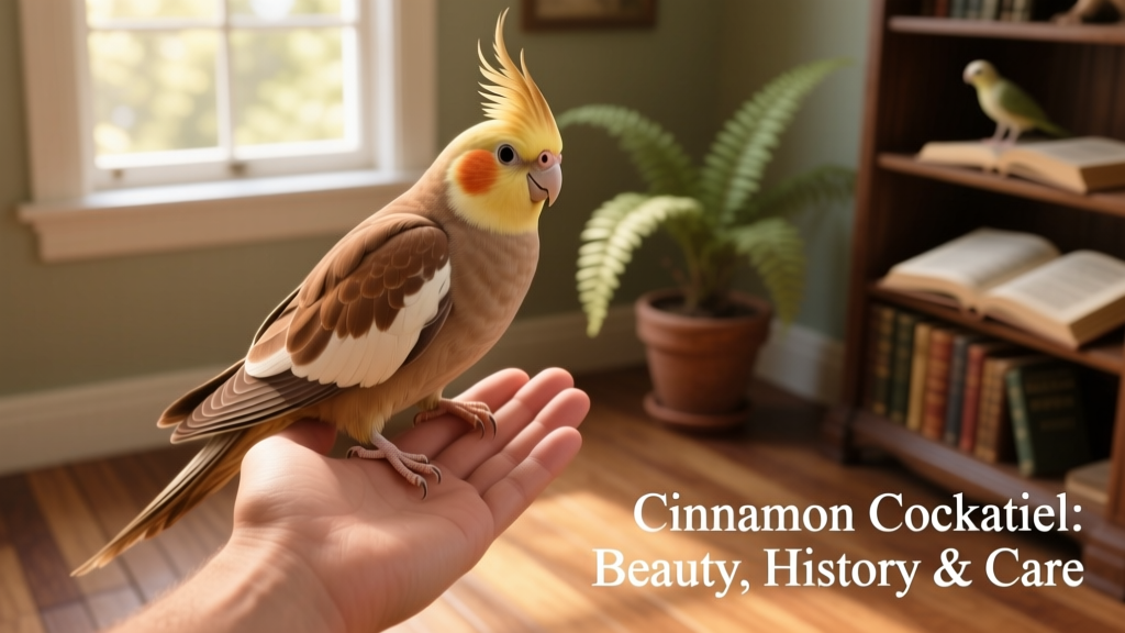 A Cinnamon Cockatiel perched comfortably on a hand, showcasing its calm demeanor and soft cinnamon-brown wing feathers