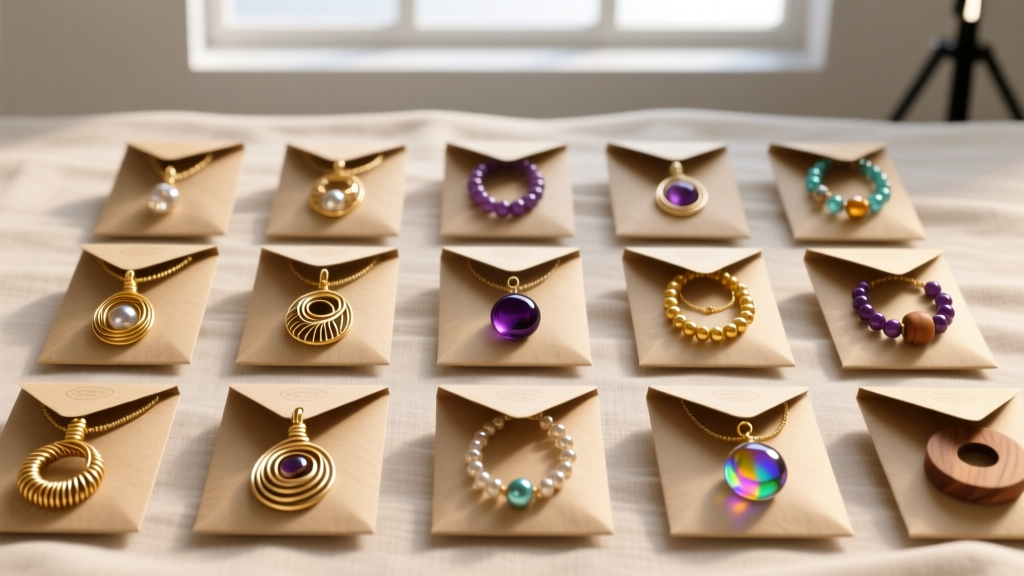 Neatly organized grid of wire-wrapped pendants and beaded lot items packaged in eco-friendly mailers ready for eBay shipping.