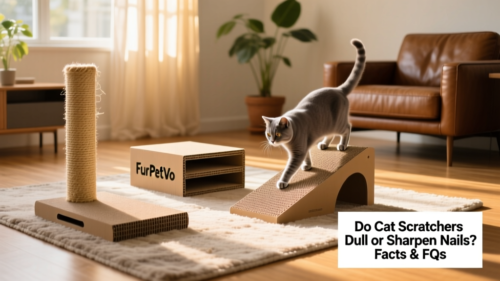 A variety of FurPetVo scratchers arranged in a living room: vertical sisal post, horizontal cardboard pad, and angled ramp