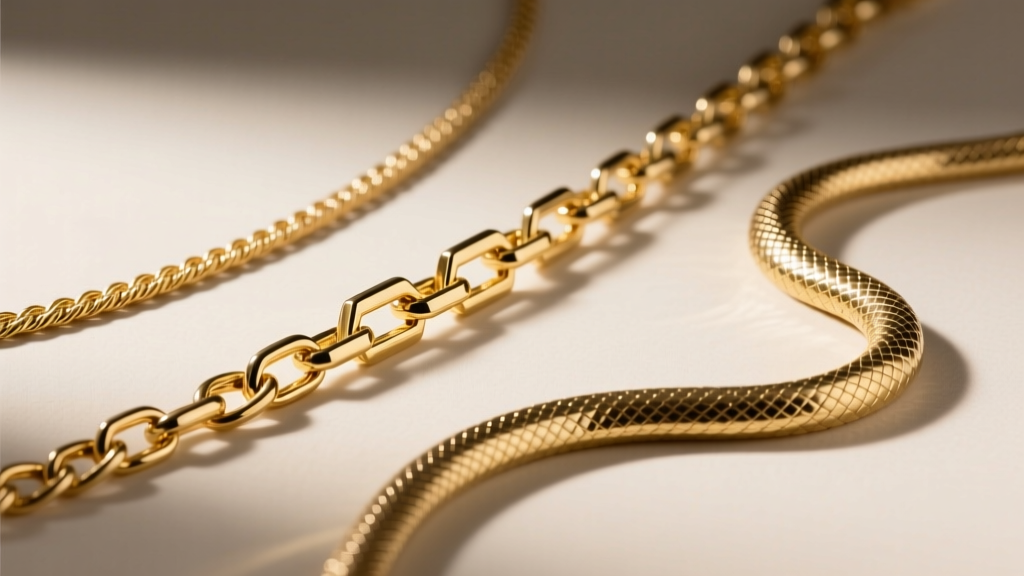 Close-up of three different gold necklace chains: a delicate cable chain, a structured box chain, and a smooth snake chain.