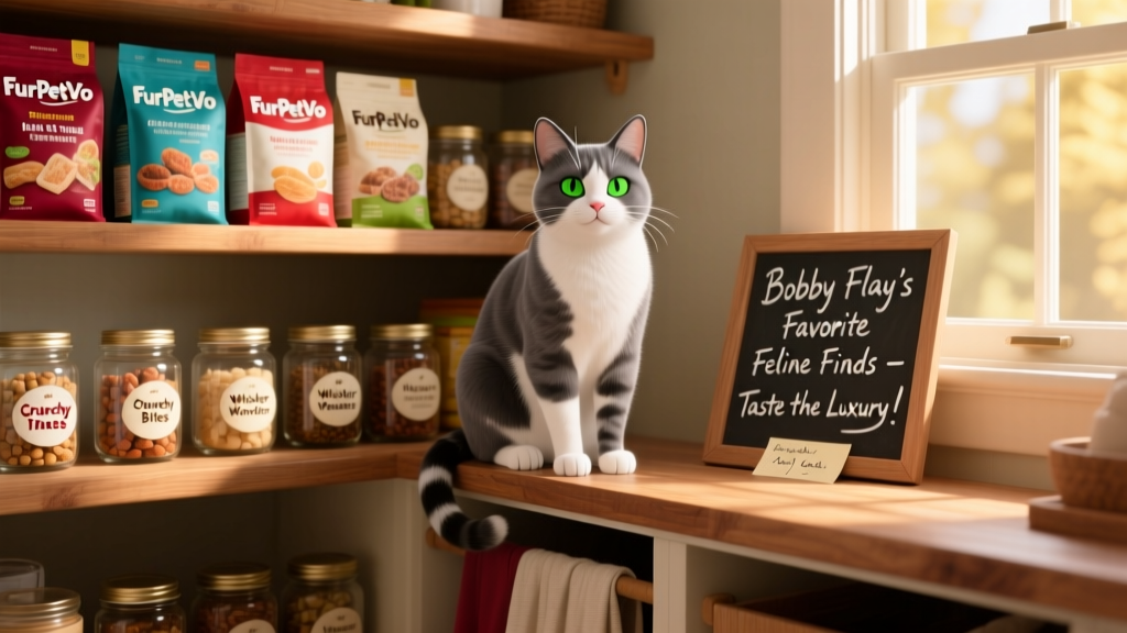 Nacho the cat sitting proudly on the top shelf of a pantry filled with FurPetVo food bags and treat jars