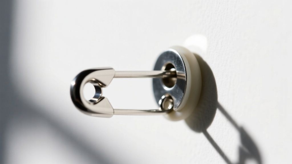 Macro view of Alexander Wang safety pin earring post showing 18-gauge thickness and custom friction back with silicone support.