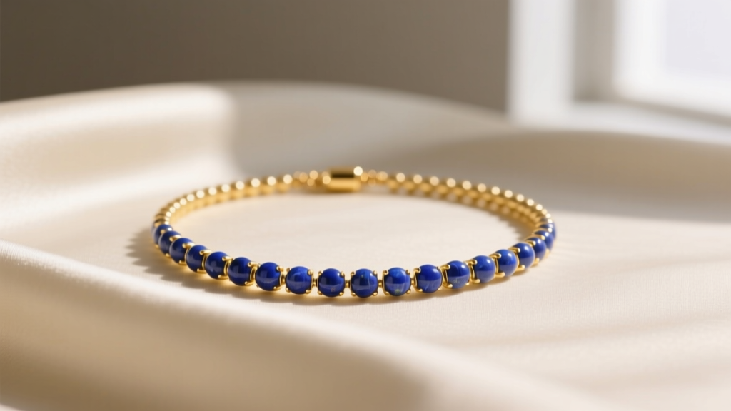 14k yellow gold necklace with 4mm lapis lazuli beads resting on cream silk fabric, illuminated by soft natural window lighting.