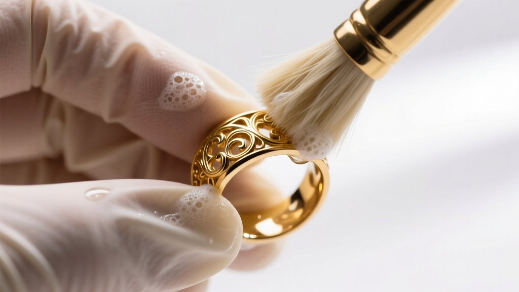 Hands wearing a nitrile glove gently scrubbing a textured gold vermeil ring with a soft horsehair brush and mild soapy water.