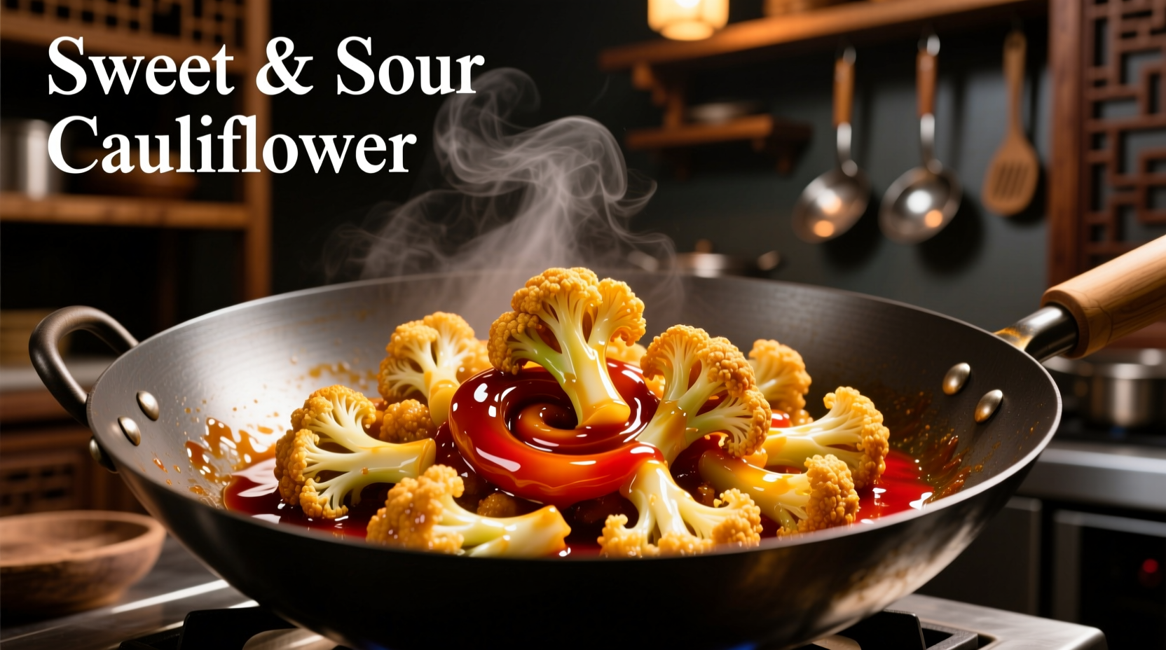 Golden crispy sweet and sour cauliflower in wok