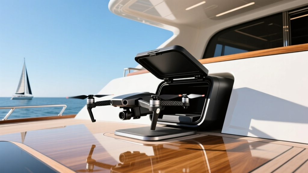 Automated drone docking station mounted on a luxury yacht upper deck with a folding quadcopter retracting into a sleek weatherproof housing