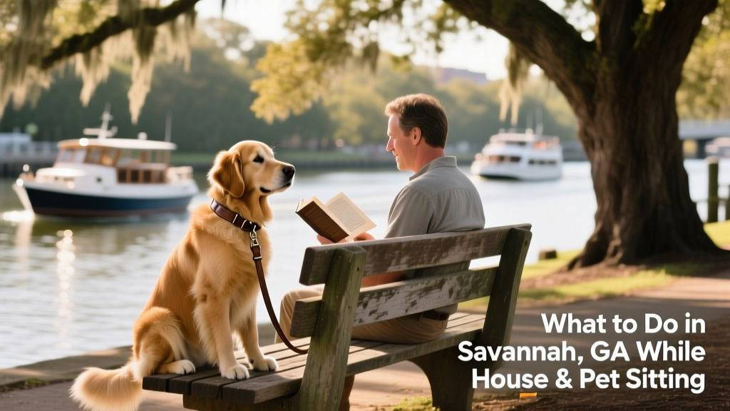 Leashed dog and owner enjoying a shaded bench near Savannah's riverfront with boats passing in background