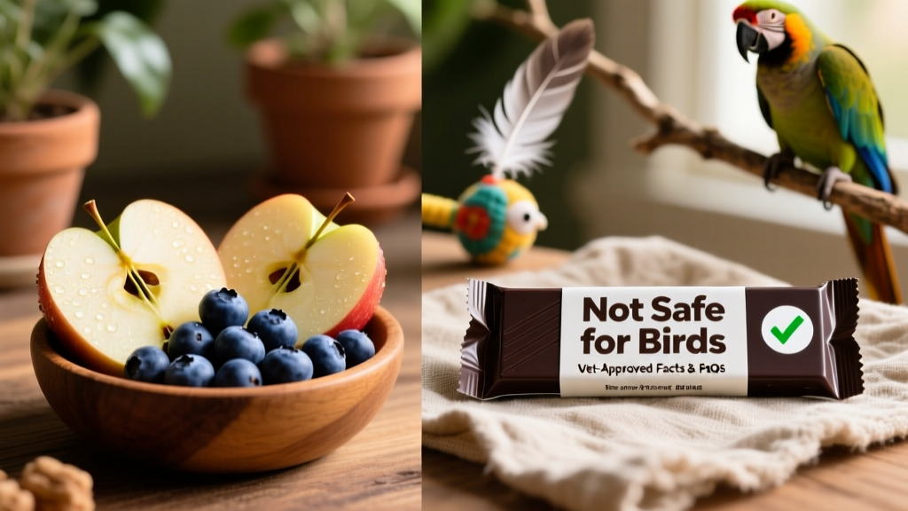 Side-by-side comparison showing safe bird-safe fruits (like apple slices and blueberries) next to a bar of dark chocolate labeled 'Not Safe for Birds'