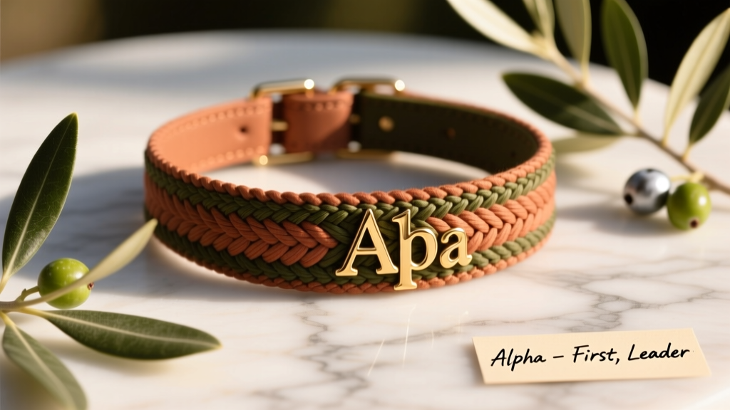 A close-up of a stylish woven cat collar engraved with the Greek letter 'Alpha', resting on a marble surface beside olive branches