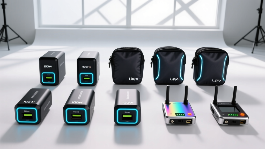 A comparative layout of 2026 drone accessories including 100W GaN chargers, LiPo safe bags, and low-latency digital video transmitter modules.