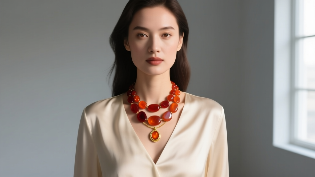 Woman wearing a layered carnelian agate necklace with a 14k gold pendant over a cream silk V-neck blouse in a softly lit studio