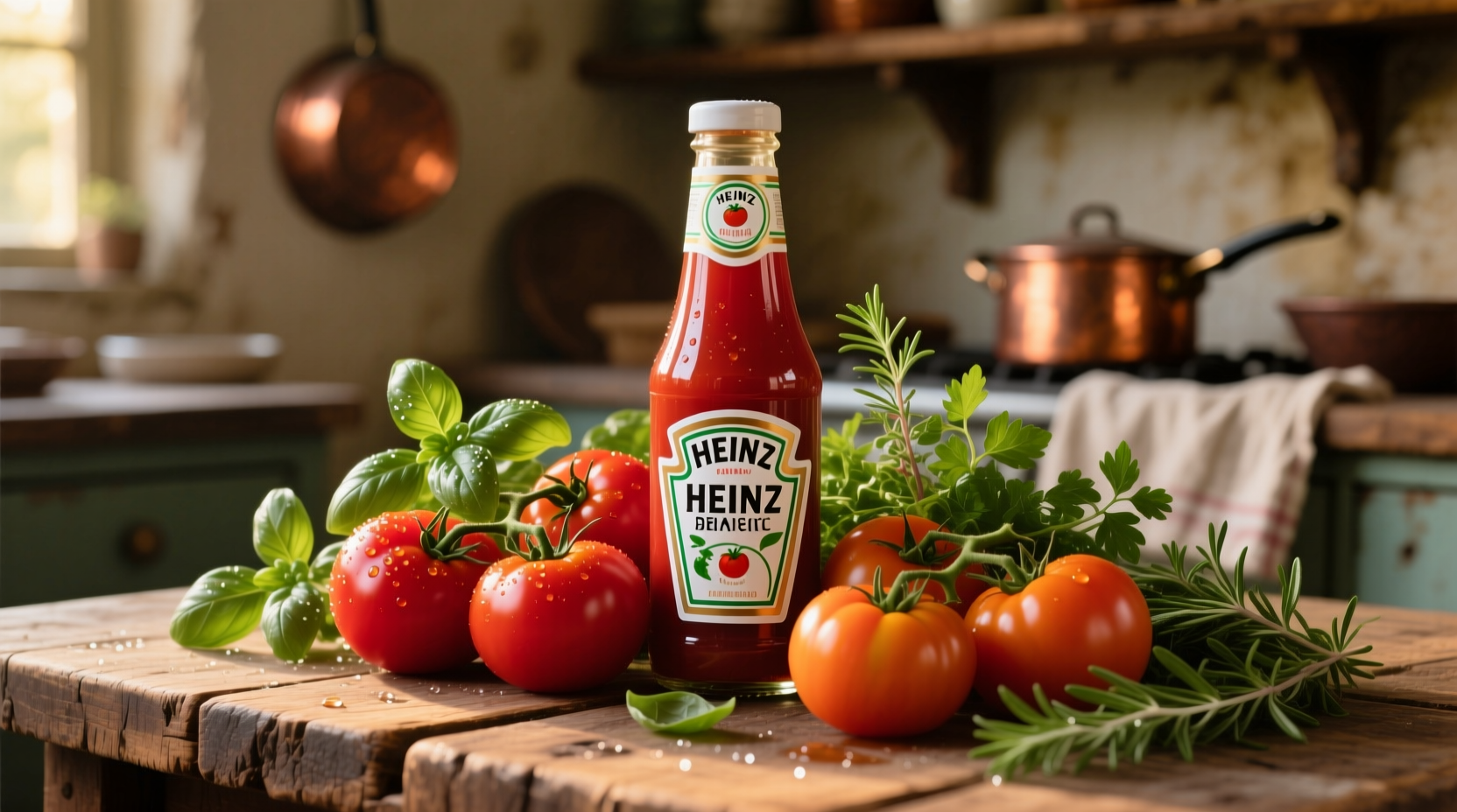 Heinz tomato sauce bottle next to fresh tomatoes and herbs