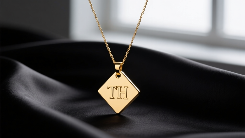 Minimalist gold pendant with a subtle TH monogram on an 18-inch cable chain, photographed on a dark silk fabric backdrop.