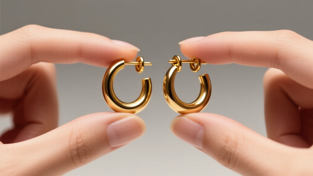 Hands holding polished 2.5 inch solid gold hoop earrings, inspecting the latch clasp under bright studio lighting conditions