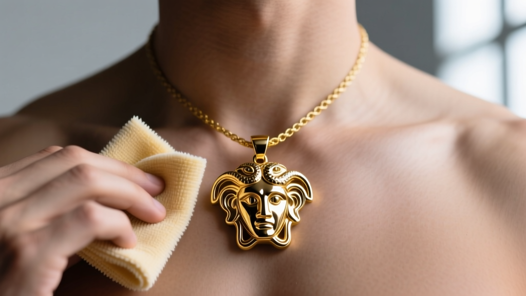 Macro shot of a microfiber polishing cloth gently buffing a gold IP-plated stainless steel Medusa head pendant on a men