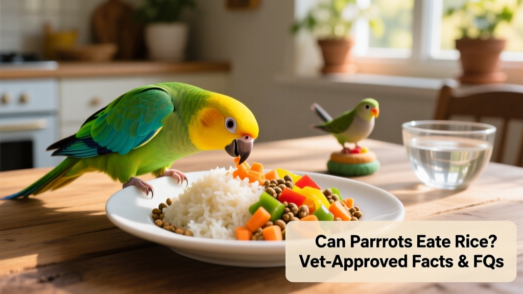 A happy, colorful parrot enjoying a mix of cooked rice, chopped veggies, and pellets in a clean ceramic dish