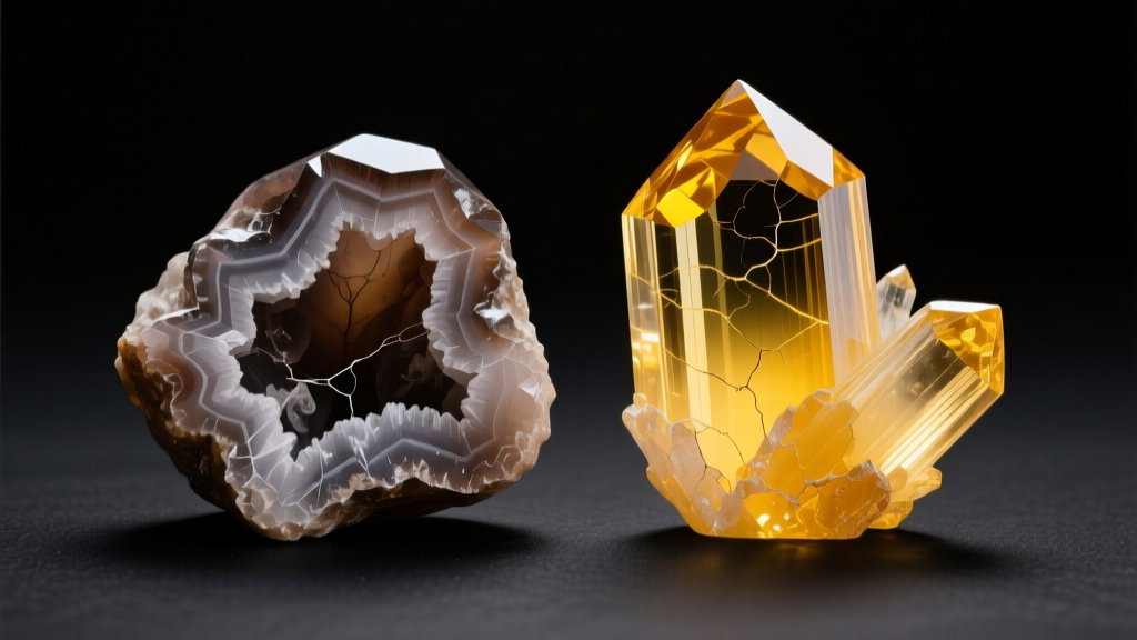 Macro shot comparing natural smoky quartz and heat-treated citrine gems, showing distinct color zoning under bright studio light.