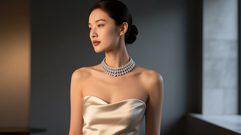 Woman in strapless satin gown wearing a 14-inch diamond-studded white gold collar choker necklace in warm dim evening lighting