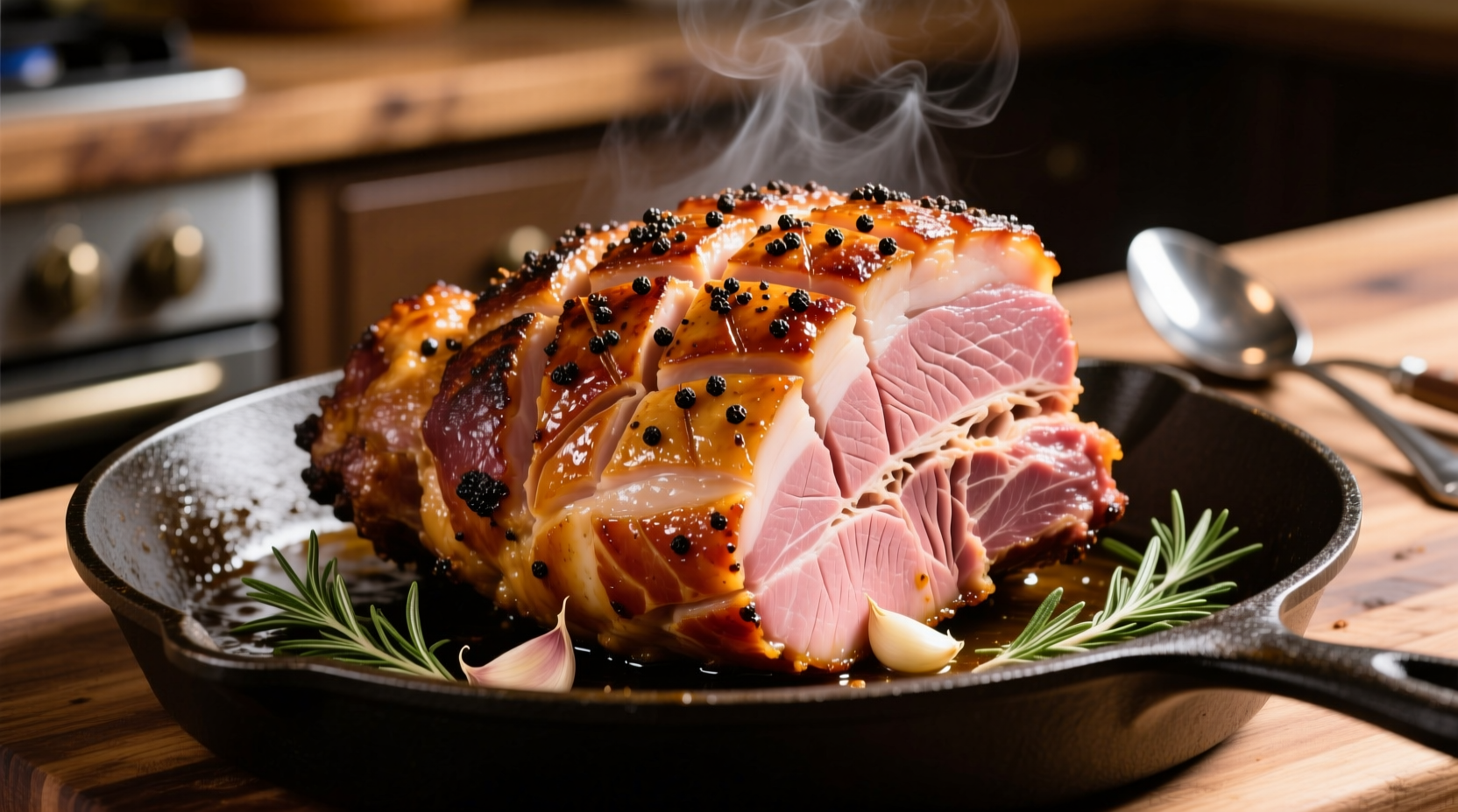 Fresh ham scored and seasoned on roasting pan