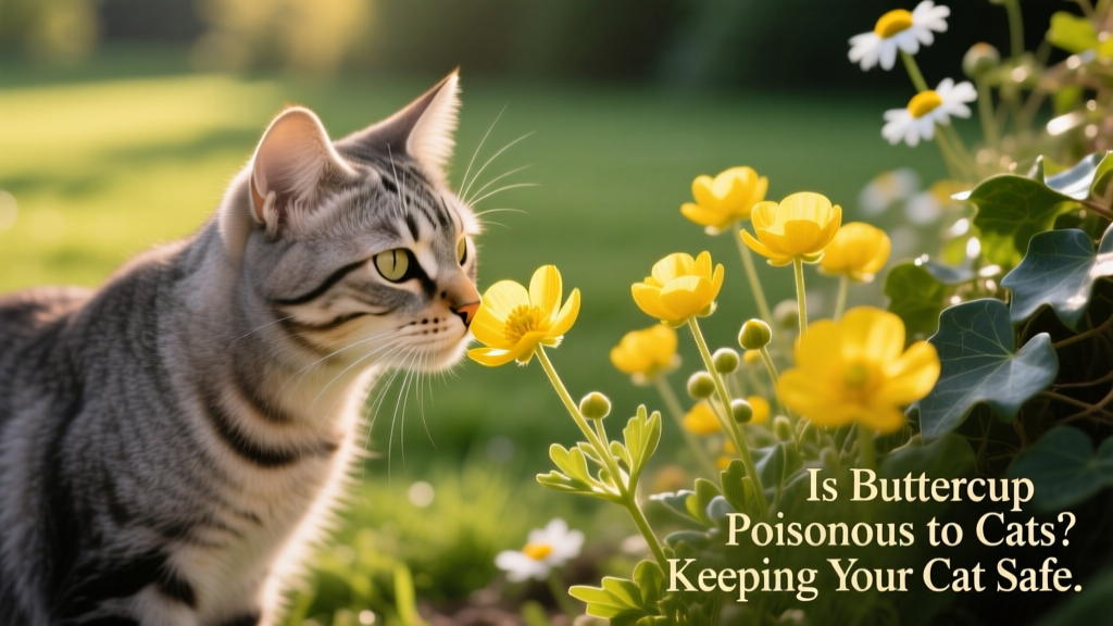 Cat gently sniffing a flower in a garden, with buttercup blooms visible nearby