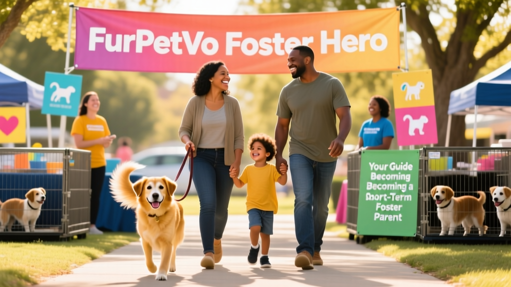 A joyful foster family walking their dog past a 'FurPetVo Foster Hero' banner at a community adoption event