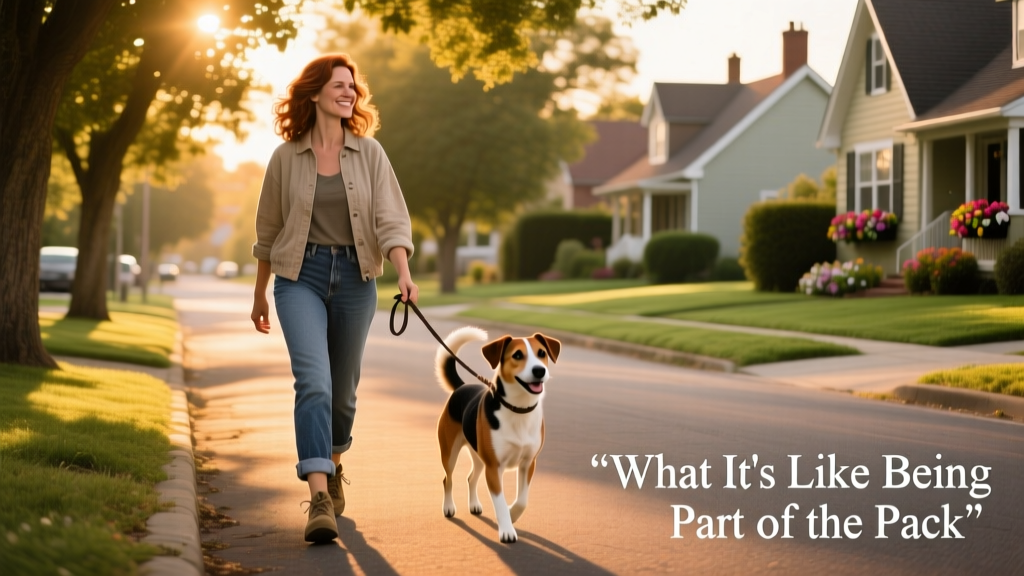 Claire walking Ollie, a cheerful terrier mix, through a leafy suburban street at golden hour