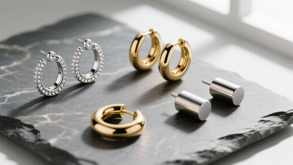 Overhead view of nickel-free earrings on slate, showing platinum drops, 18k gold huggies, and titanium ends in soft studio light