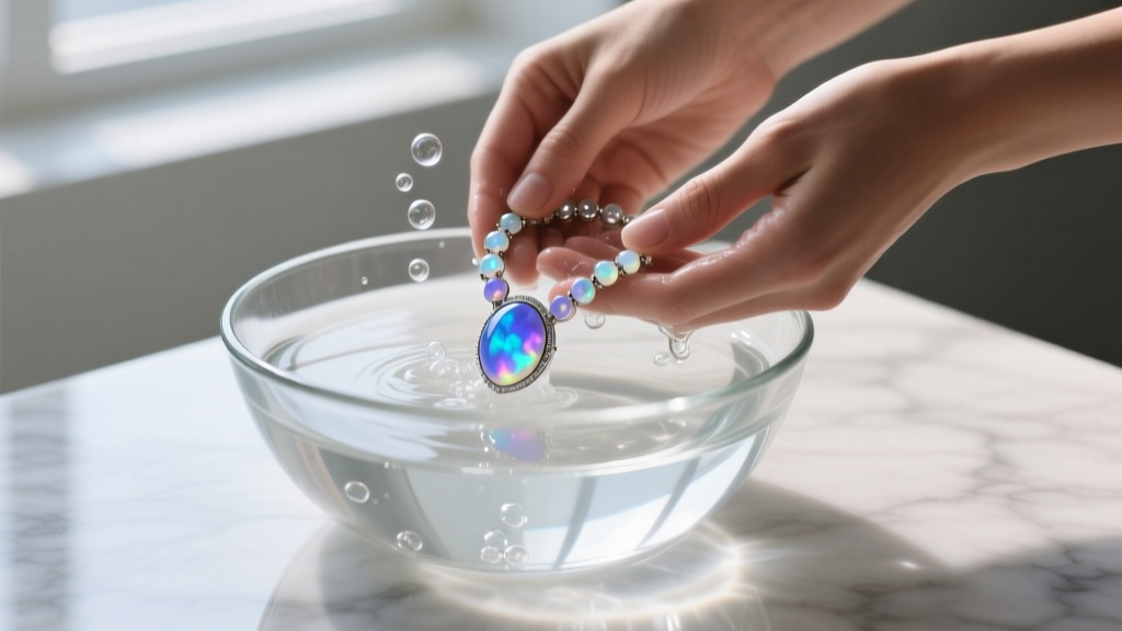 Hands washing an opalite necklace in a glass bowl of distilled water and mild soap, illuminated by soft natural window light.