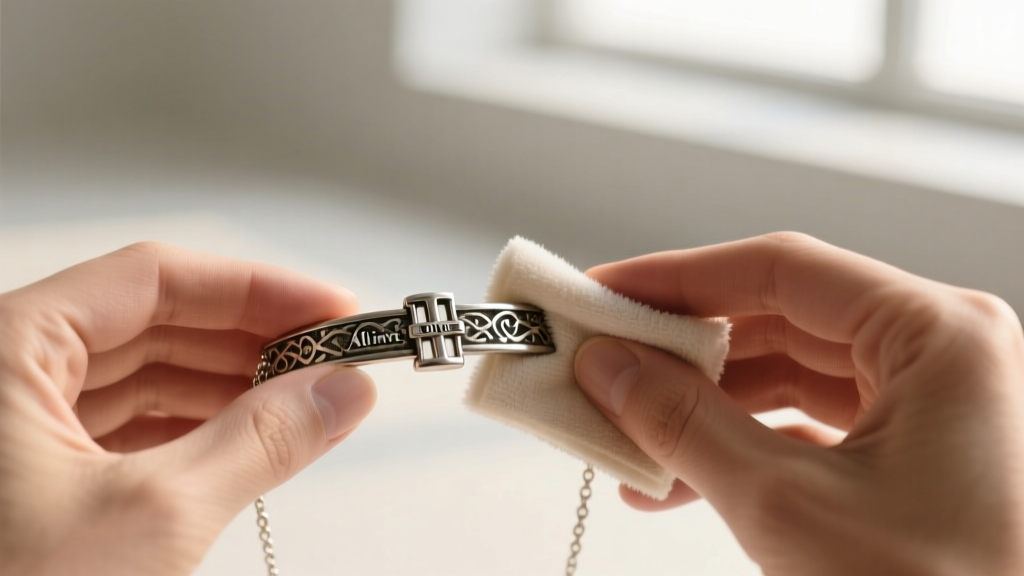 Hands using a microfiber polishing cloth to gently buff the raised edges of an oxidized All Saints silver necklace clasp