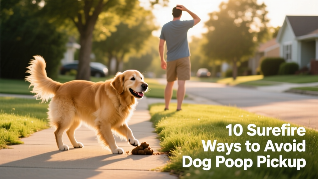 A cheerful dog mid-poop on a grassy sidewalk, owner looking away with playful exasperation