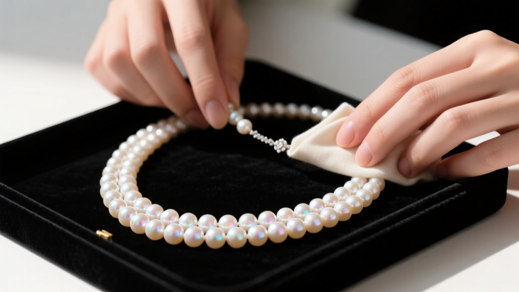 Hands gently cleaning a freshwater pearl three strand beaded necklace with a microfiber cloth over a dark velvet jewelry tray